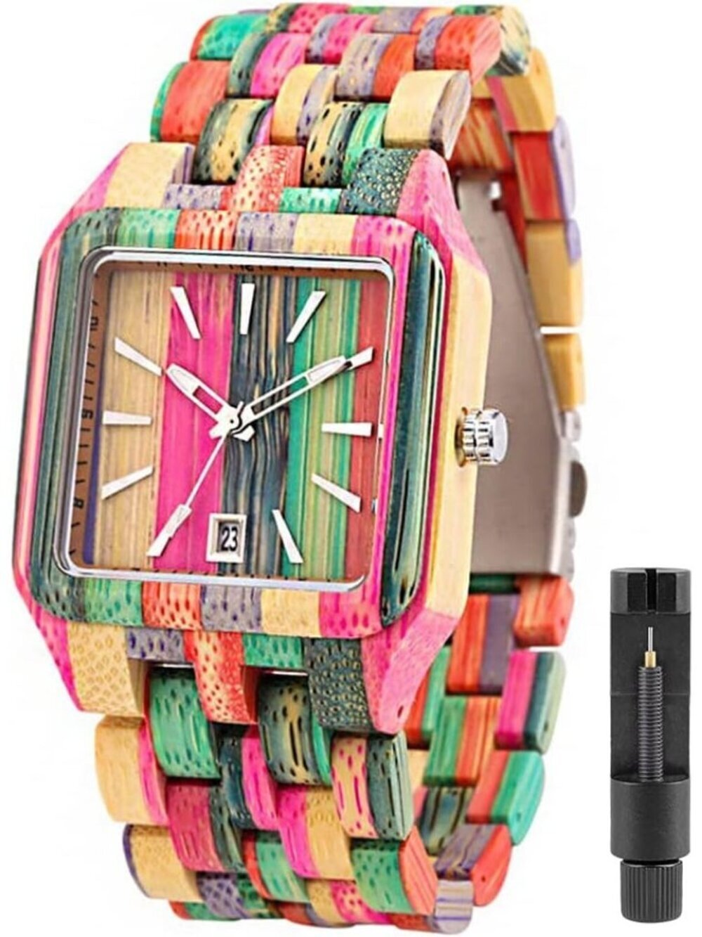 Men's Multi Color Classic Handmade Square Bamboo Analog Date Quartz Wooden Watch